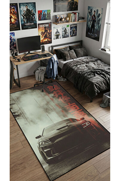 RUGRUMBA Kaymaz Taban Makinede Yıkanabilir Araba Desenli Gamer Genç Odası Halısı