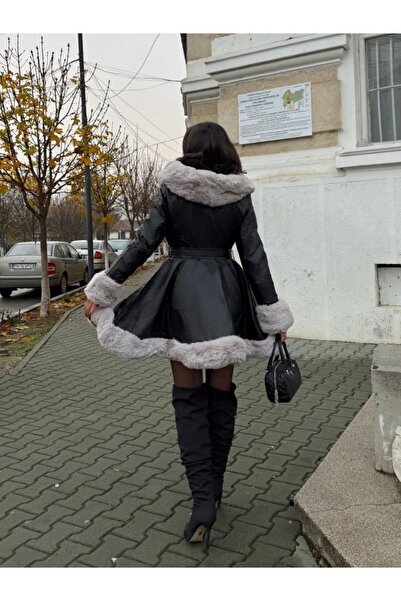 OEMTOOLS Women's long faux leather jacket with faux fur - fashion model, warm