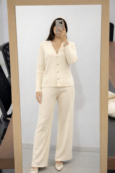 elbisereyonda V-Neck Knitwear Corded Fabric Cardigan Double Set