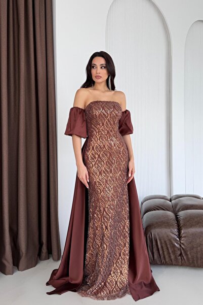 Serica Moda فستان سهرة بني بدون حمالات بأكمام بالون مزين بالترتر مع عباءة