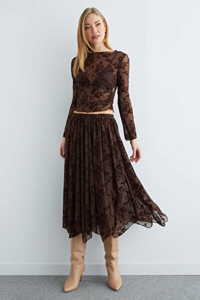 Fulla Moda Διαφανής φούστα με ασύμμετρη επένδυση με λουλουδάτο σχέδιο