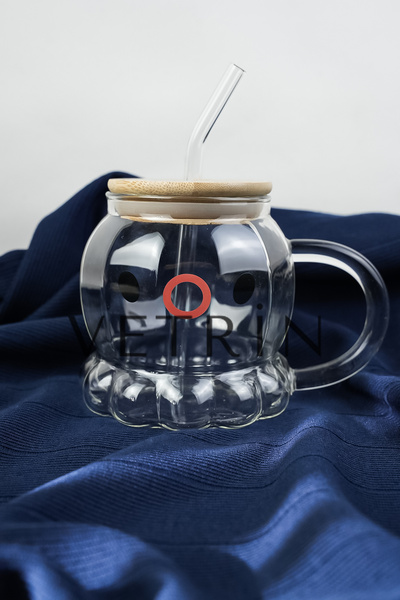 VETRİN 400 ML Bambu kapaklı Brosilikat Ahtapot Kupa bardağı