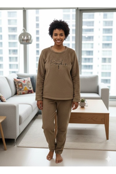 FAMES PİJAMA Women's Winter Brown Fleece Pajama Set