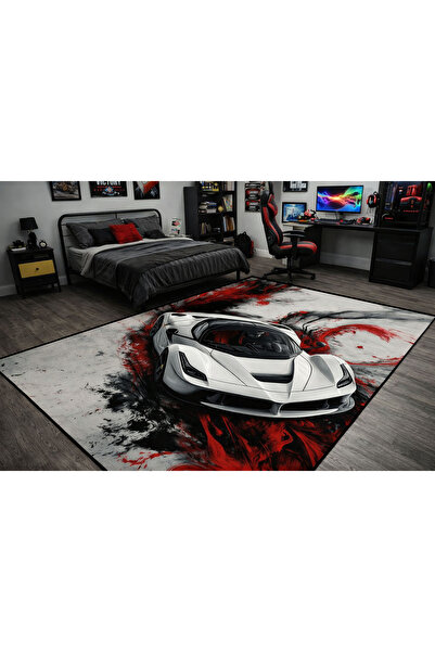 RUGRUMBA Kaymaz Taban Makinede Yıkanabilir Araba Desenli Gamer Genç Odası Halısı