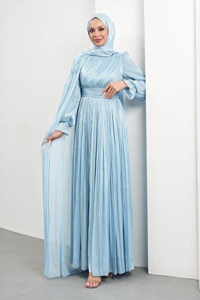İmajButik Baby Blue Cape Detailed Pleated Evening Dress