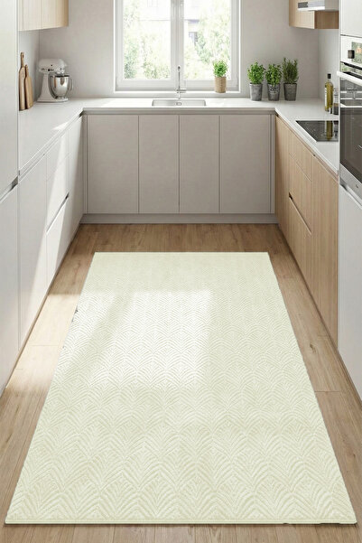 Raschel Carpet Premium Yıkanabilir Leke Tutmaz Yaprak Emboss Krem Mutfak Halı...