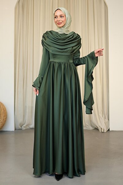 İmajButik Dark Green Sleeve Layered Front Draped Satin Evening Dress