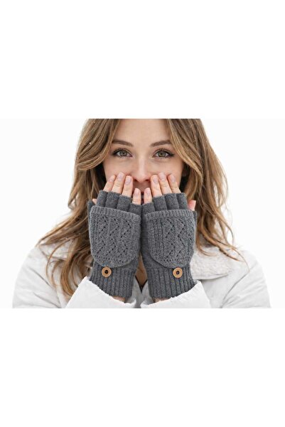 gigigiyim Delikli Düz Renk Kapaklı Yarım Parmak Örgü Kadın Eldiven