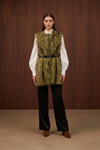 Puane Women's Plush Vest with Belt Detail -15223-1Ylk - Camel