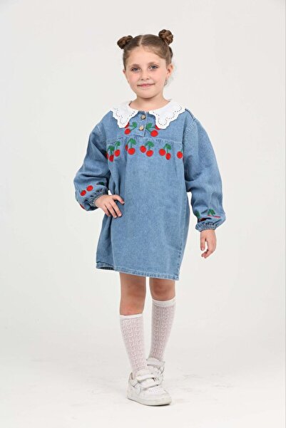 Butik Vişne Nakışlı Kot Kız Çocuk Elbisesi – Ürün Açıklaması