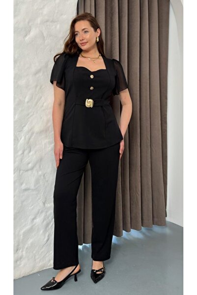 Butik Nilyam Women's Plus Size Square Neck Chiffon Sleeve Belt Brooch Detail ...