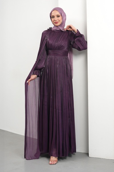 İmajButik Purple Cape Detailed Pleated Evening Dress