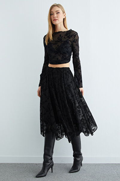 Fulla Moda Elastic Waist Floral Pattern Lined Sheer Skirt