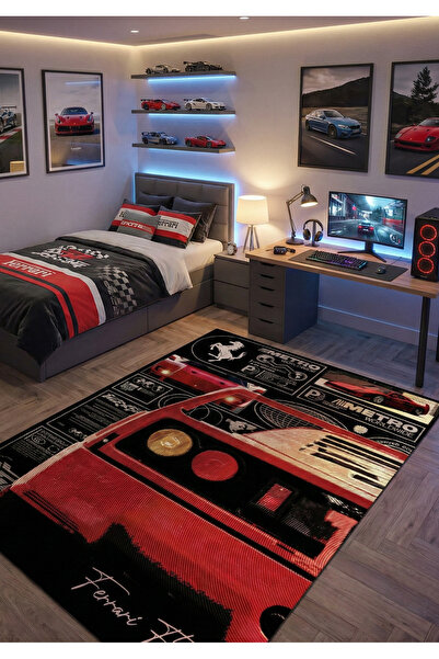 RUGRUMBA Kaymaz Taban Makinede Yıkanabilir Araba Desenli Gamer Genç Odası Halısı