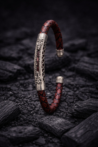 OSMANLI GÜMÜŞ Men's Leather Bracelet - Braided Brown Leather Bracelet with Zi...
