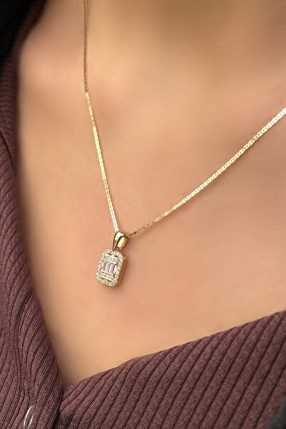 Altınaşkı Baget Taşlı Parlak Zincirli Altın Kolye