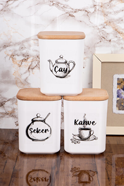 Minya Home 3'lü 900 ml Saklama Kabı Seti Etiketli Çay Şeker Kahve Ahşap Kapak...