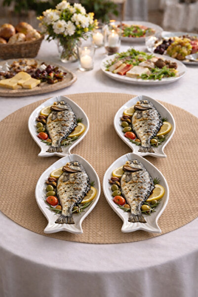 PAPİSAHOME 4'Lü Balık Seramik Sunum ,Servis Tabağı 4’lü Set | 30×14 cm | El Y...