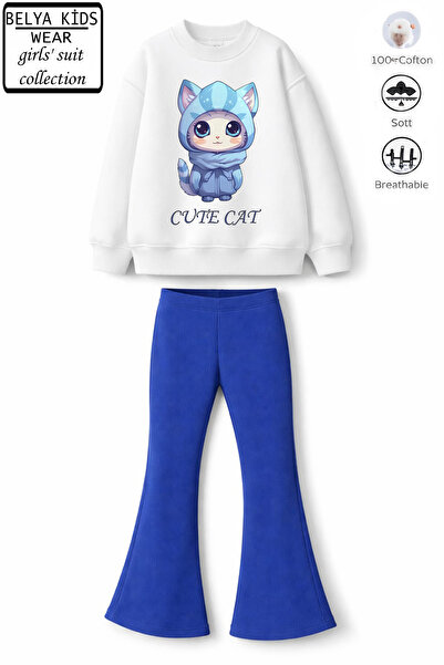 Belya Kids Wear Girl's Cat Design Top 3 Thread Cotton Non-Brushed Fabric. Bot...