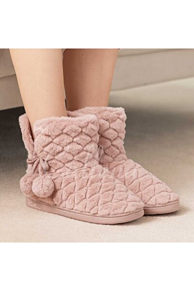 Callena Fluffy House Slippers with Pom Poms for Women, Ice Type, Pink, Polyes...