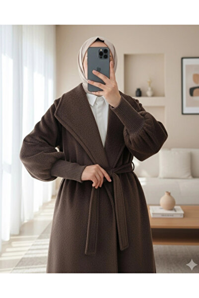 nedo7 Ribbed Sleeve Shawl Collar Lined Cashmere Coat -K. Brown