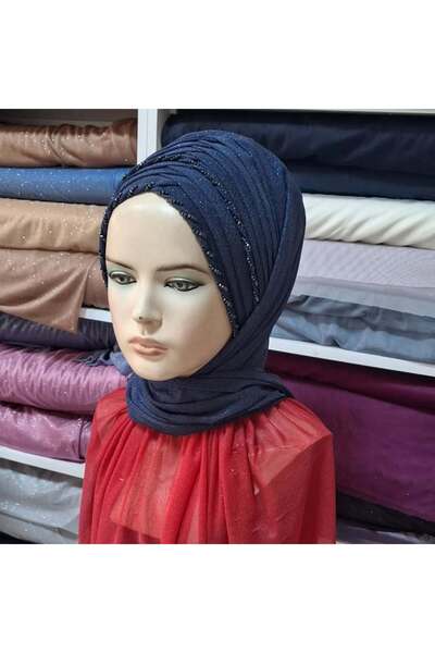 semahazırduvak lacivert simli işleme detaylı model hazır türban hazır şal abi...