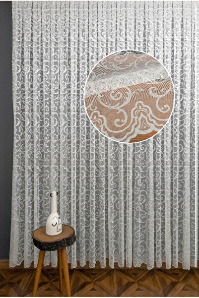 Vooralles Eerliefdevol 1/3 Sık Pile Sarmaşık Şal Desen Kırık Beyaz Örme Tül P...