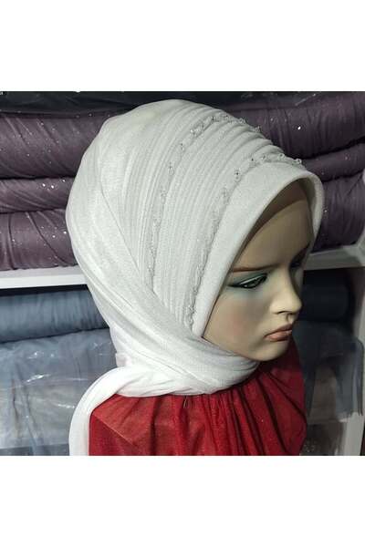 semahazırduvak beyaz simli işleme detaylı model hazır türban hazır şal abiye ...