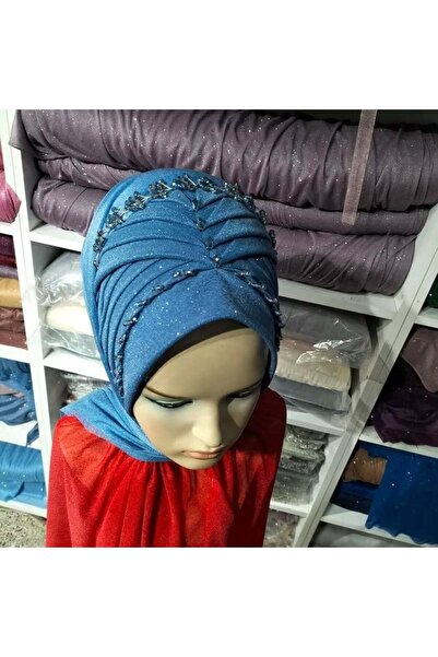 semahazırduvak indigo simli işlemeli aksesuar model hazır türban hazır şal ab...