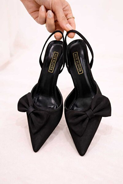 NiceDiffer Women's Black Zara Satin Bow Heel 7 Centimeter Evening Dress Shoes