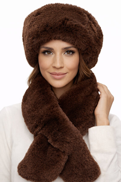 Develioğlu Kadın Kışlık Peluş Kürk Şapka & Atkı Takımı