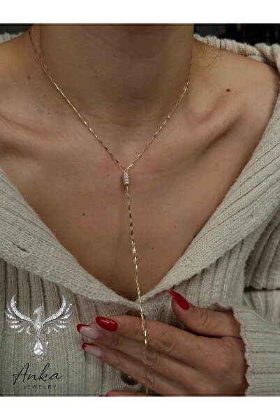 ANKA JEWELLRY SİLİNDİR MODEL ZİRKON TAŞLI Y GOLD KOLYE