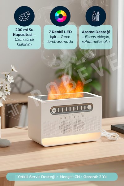 ROBEVE Alev Efektli Aroma Difüzörü Hava Nemlendirici Beyaz Gürültü Bluetooth Hoparlör Buhar Makinesi