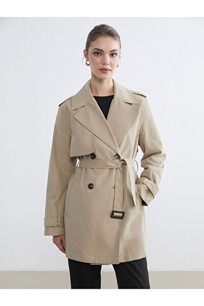 LC Waikiki Beige Double Breasted Collar Women's Trench Coat
