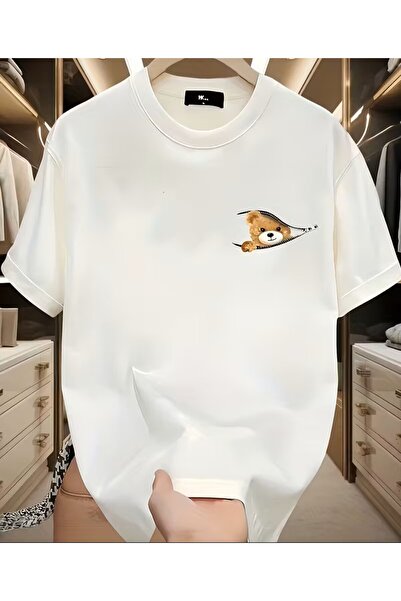 LELVANİ Unisex Bear Printed White T-Shirt