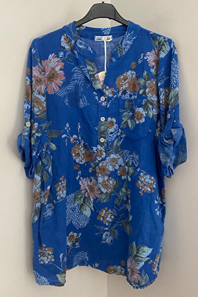 AYASOFYA OTANTIK Women's Italian S Cobalt Blue Plum Blossom Patterned Button ...