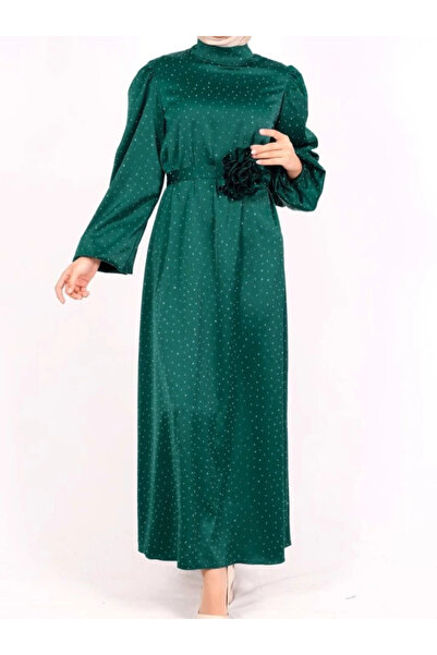 nedo7 Balloon sleeve belted stoned satin dress - emerald