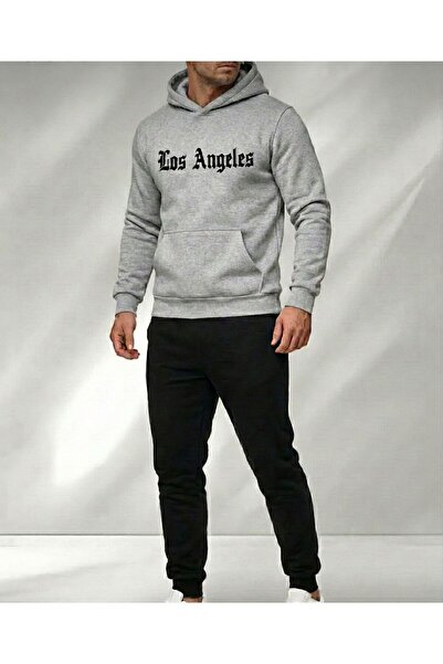 LELVANİ Men's Los Angeles Hoodie Tracksuit Top-Grey/Bottom-Black