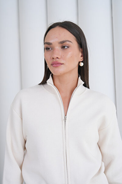 ÖNDER MODA Women's Half Turtleneck Zippered Cardigan - Ecru