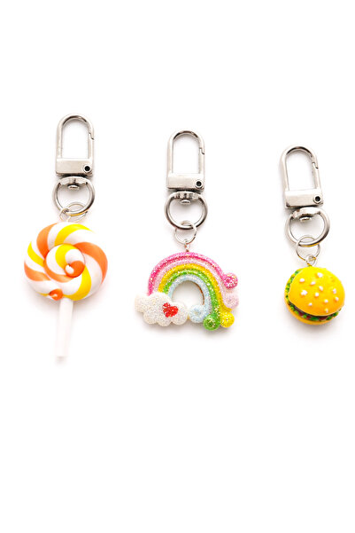 MakeWell Charm Keychain Set – Bag Ornament with Lollipop, Rainbow, and Hambur...