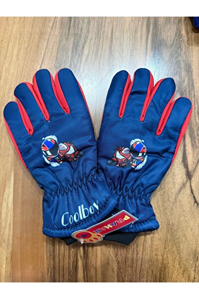 Blotch Motorcycle Patterned Navy Blue Lined Boys' Ski and Snow Gloves for Age...