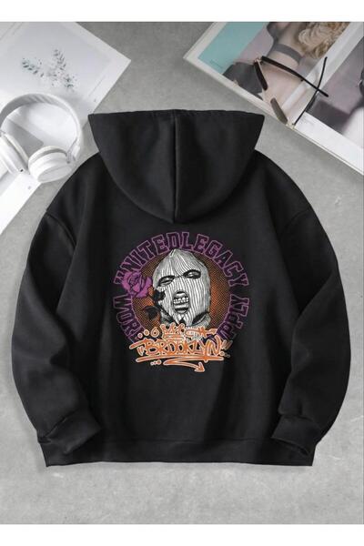 LELVANİ سترة بروكلين ماسك مطبوع للرجال ذات قلنسوة باللون الأسود