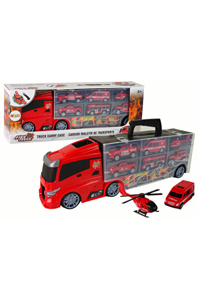 LEAN Fire truck transporter with cars and helicopter, rescue set with road si...