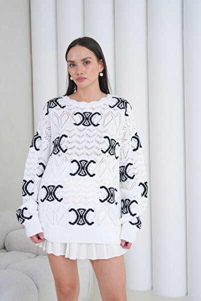 ÖNDER MODA Women's Lace-Like Knit Patterned Oversized Knitwear Sweater