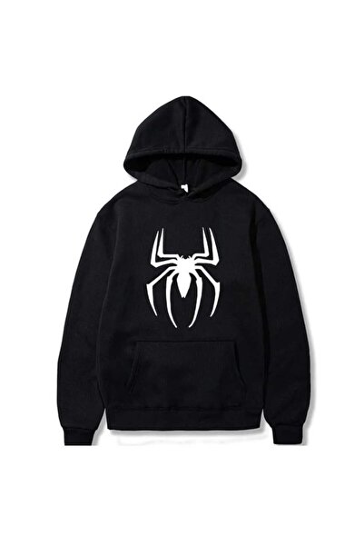 LELVANİ Unisex Black Hoodie White Printed Spider