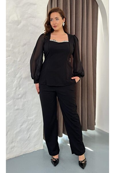 Butik Nilyam Kadın Büyük Beden Kare Yaka Göğüs Taş Detaylı Şifon Balon Kol Es...