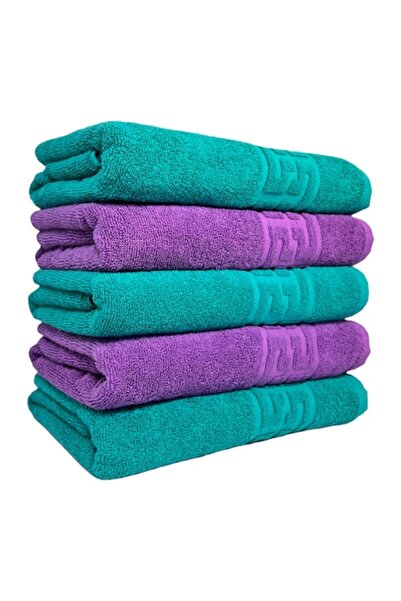 Plush Set of 5 Towels, Green Purple, 100% Cotton 550gr, 50x90cm