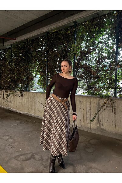 FİOXCO Women's Flared Plaid Pattern Lumberjack Fabric Long Skirt