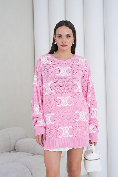 ÖNDER MODA Women's Lace-Like Knit Patterned Oversized Knitwear Sweater