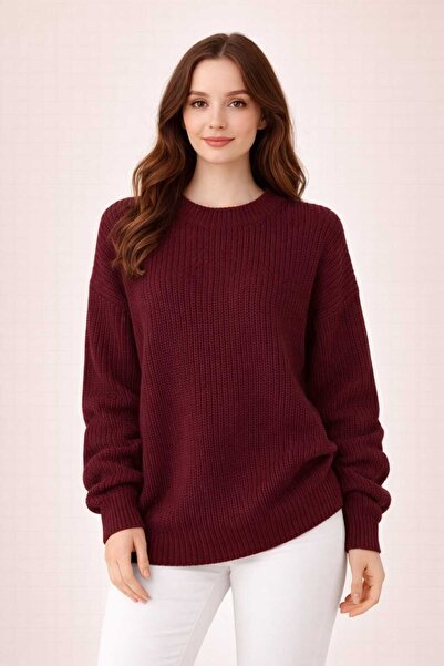 UZÇE MODA  Bordo Renk Bisiklet Yaka Oversize Kadın Triko Kazak